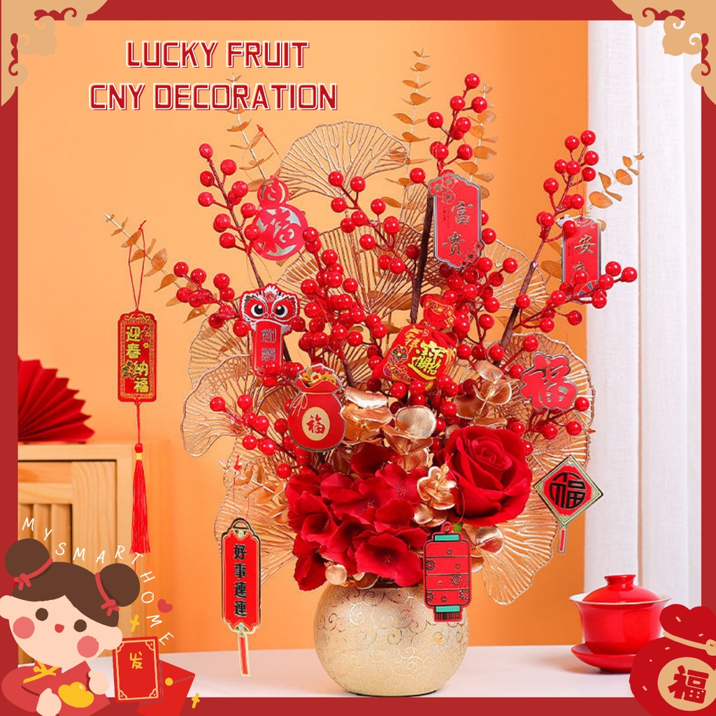 Fortune Fruit CNY Decoration 2023 Desktop Artificial Plant Decoration Chinese New Year Decoration Red CNY Ceramics Vase Artificial Flowers Deco Lunar New Year Deco Lucky Fruit Spri