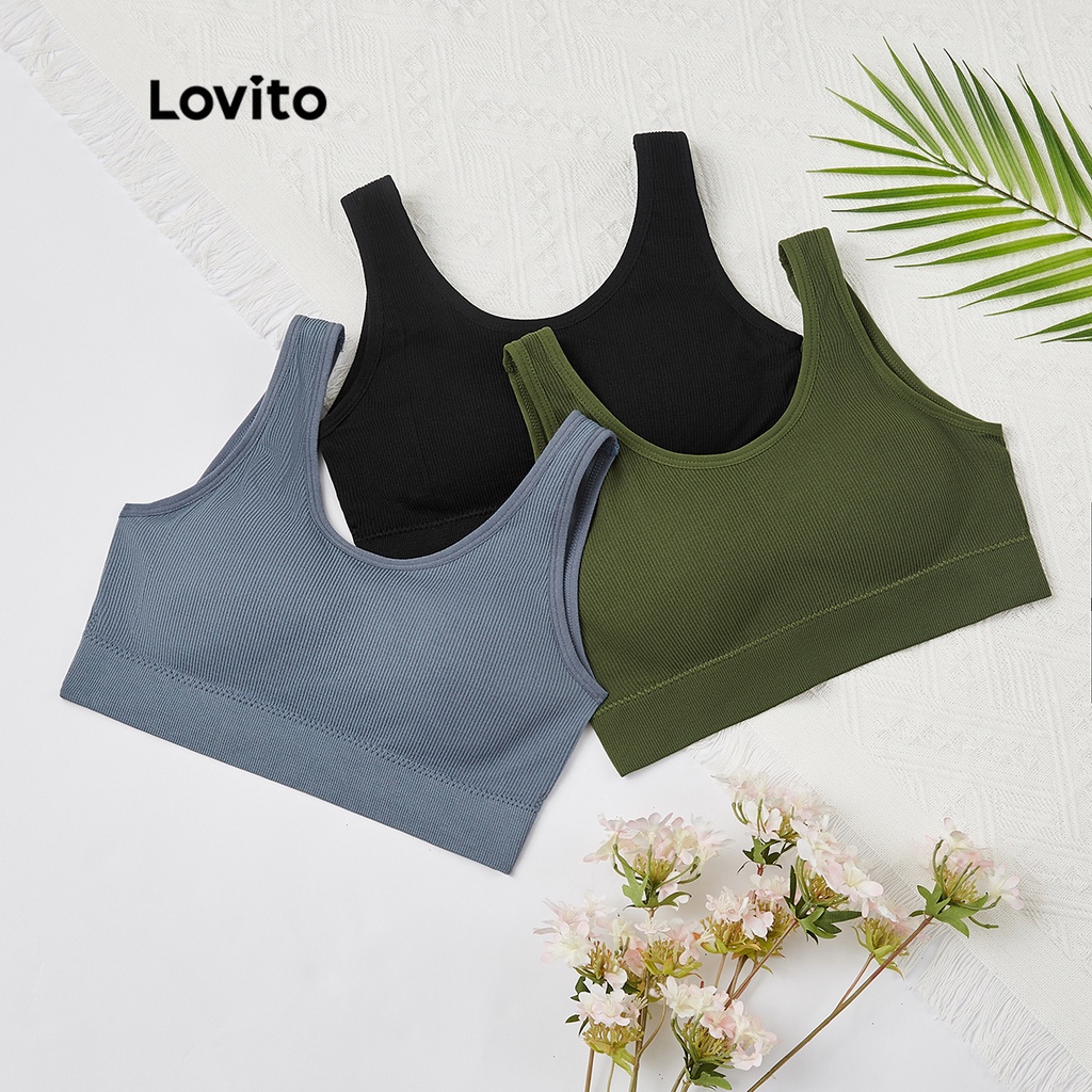 Lovito Casual Plain Backless Seamless Wireless Removable Pads U Neck