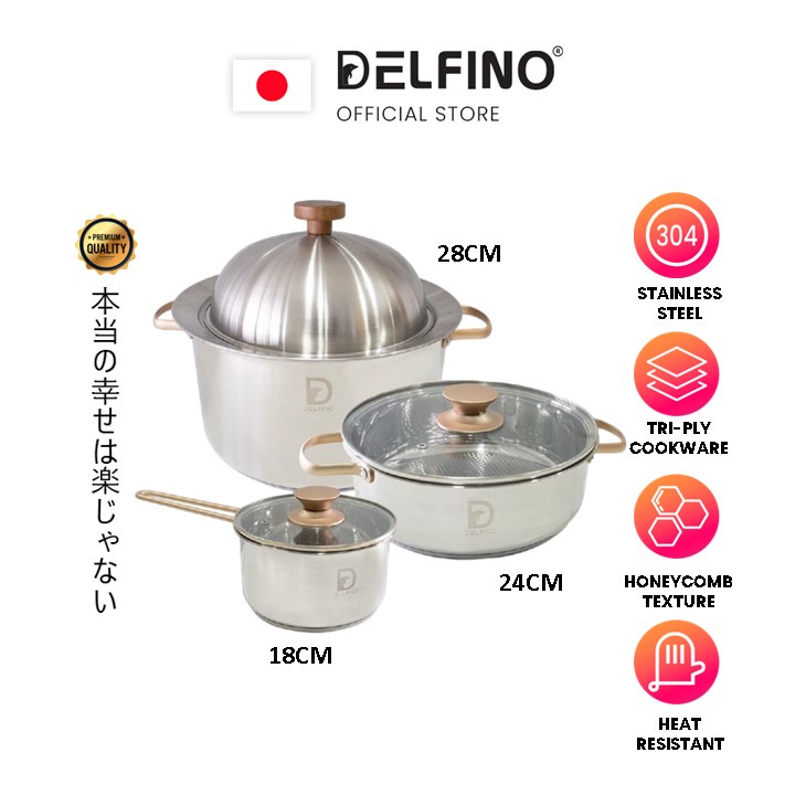 Delfino Rose Pot 3 Layers Of Steel Multi-Purpose Suitable For Induction Gas Electric Halogen Oven (18cm/24cm/28cm)