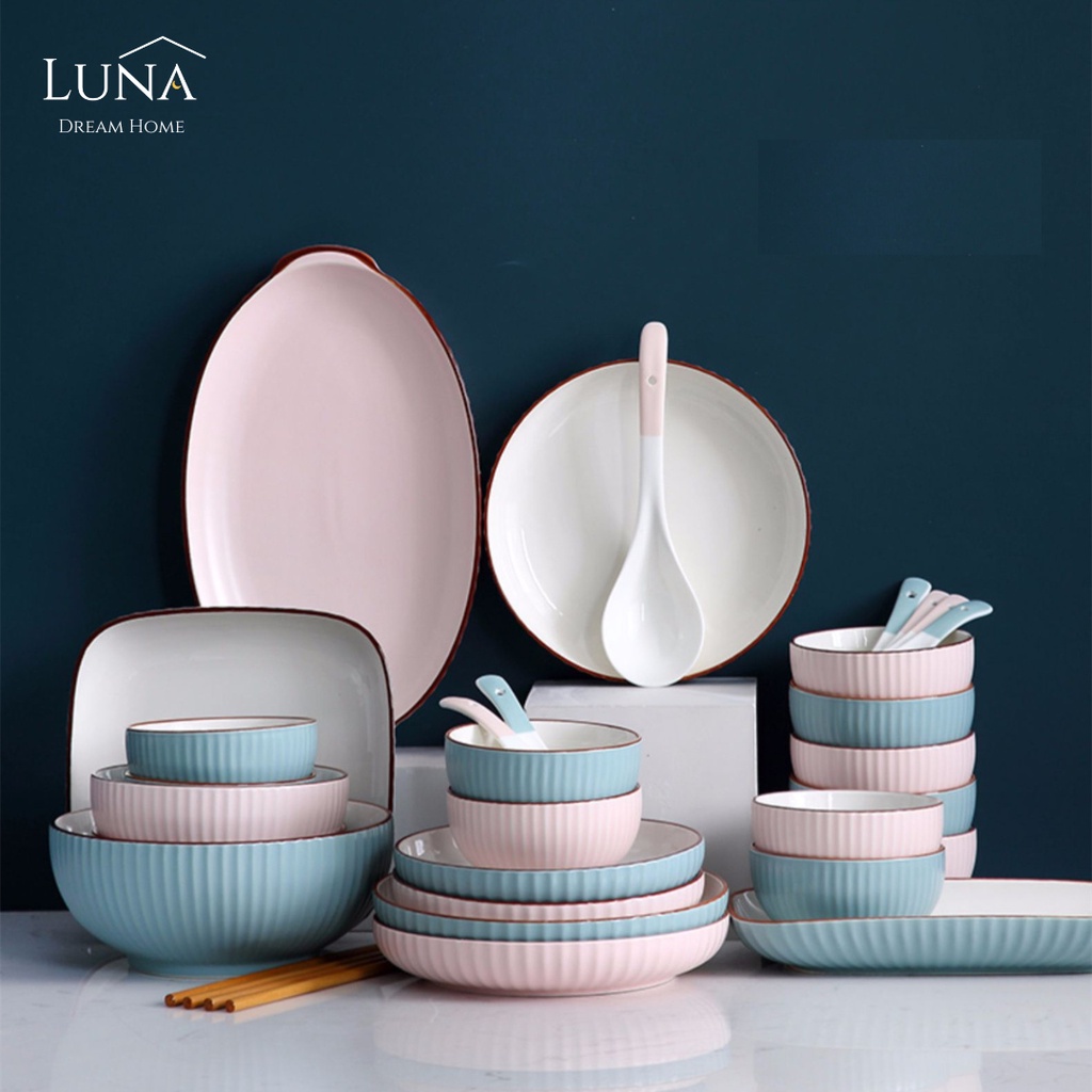 LUNA [Elegant Pink Dinnerware] Minimalist Classic Simple Plate Bowl Spoon Ceramic Household Tableware Set