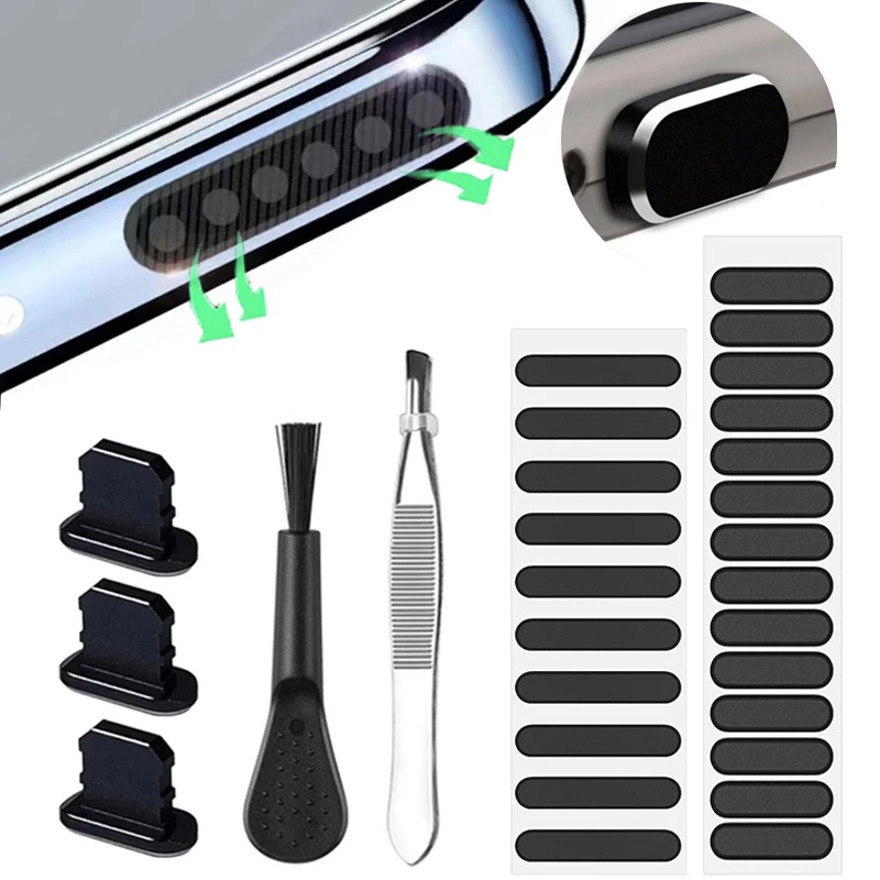 Universal Phone Trumpet Speaker Dust Self-adhesive Net Sticker Charging Port Dust Plug Protector Earphone Hole Anti-dust Mesh Cover Cleaning Brush Kit Accessories Tweezers Tool