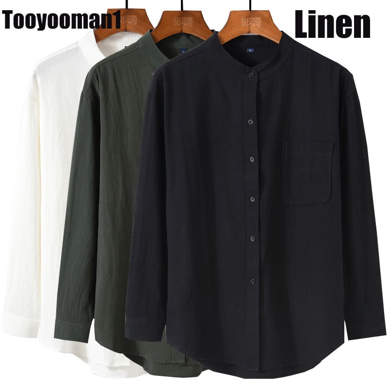 Black Cotton Linen Man Shirt Plus Size Stand Collar Plain Color Loose All-match Casual Long-sleeved Shirt Men Baju Kemeja Hitam Lelaki Lengan Panjang