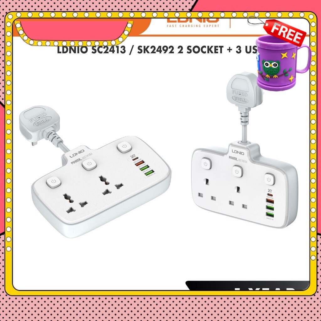 FREE GIFT LDNIO SC2413 Universal Outlet 2 Auto-ID + 4 Port USB 20W PD & QC3.0 Power Socket
