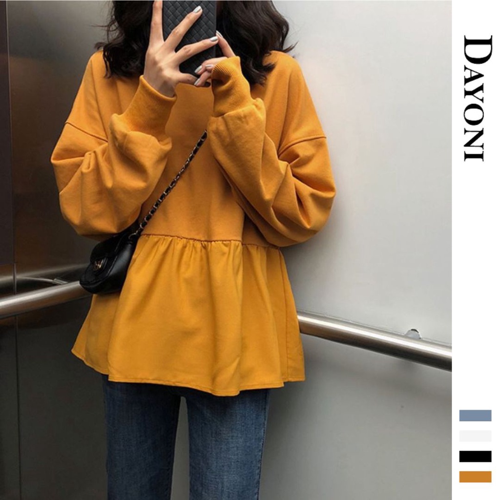 Dayoni Korean Women Plain Color Casual Blouse Style Loose Long Sleeve Round Neck T-shirt