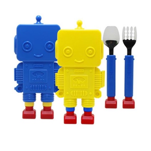 Flexa Robot Case Kids Stainless Steel Spoon and Fork Set Yellow, Blue Made in Korea