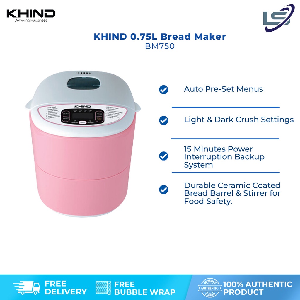 KHIND 0.75L Bread Maker BM750 | Durable Ceramic Coated Bread Barrel & Stirrer for Food Safety | 14 Auto Pre-Set Menus