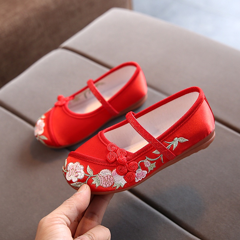 2437 Red Floral HanFu Shoes for Kids Girls Chinese Style Embroidered