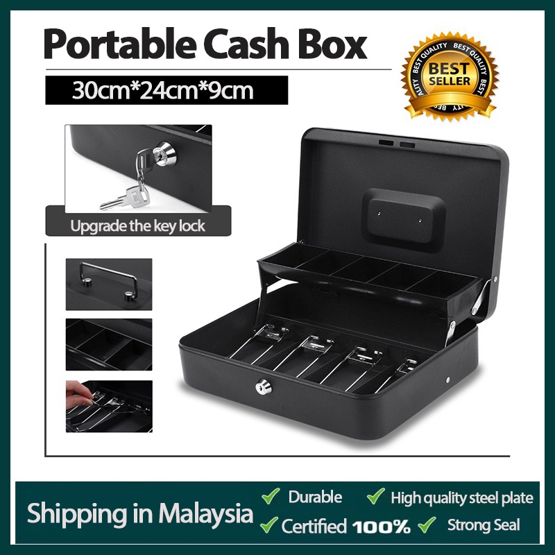 Cash Box Handheld Compartment Tray Cash Lockable Security Cashier Drawer Storage Safety Deposit Box Steel Money Box Cash Drawer Box 5Compartment Heavy Cash Drawer Box POS Register