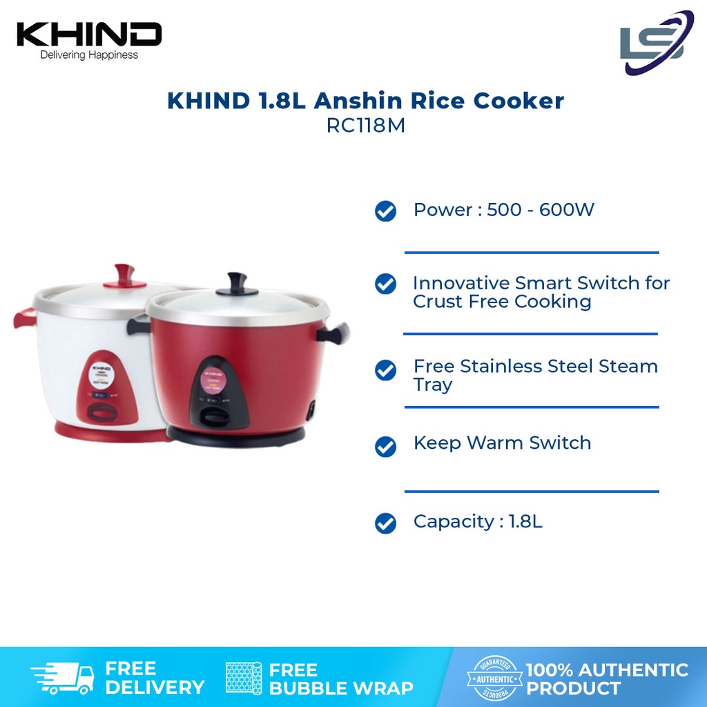 KHIND 1.8L Anshin Rice Cooker RC118M | Free Stainless Steel Steam Tray | Smart Switch | Keep Warm Switch