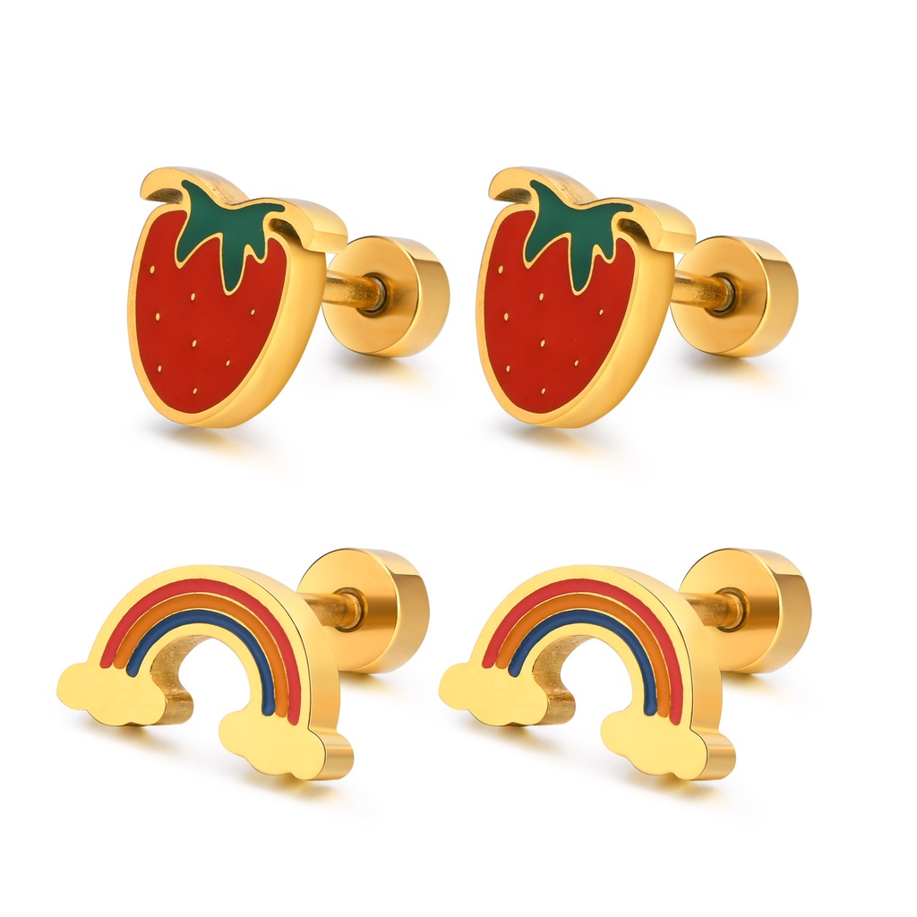 Vnox Cute Strawberry Rainbow Stud Earring,14K Gold Plated Hypoallergenic for Women Girl,Dream Small Earring