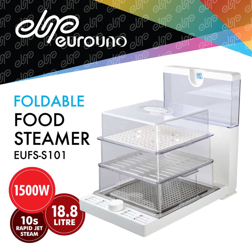 Euro Uno Food Steamer Foldable 3 Layer 18.8Litre Flexible Assembly Detachable Tray 10s Rapid Steam 60min Timer EUFS-S101