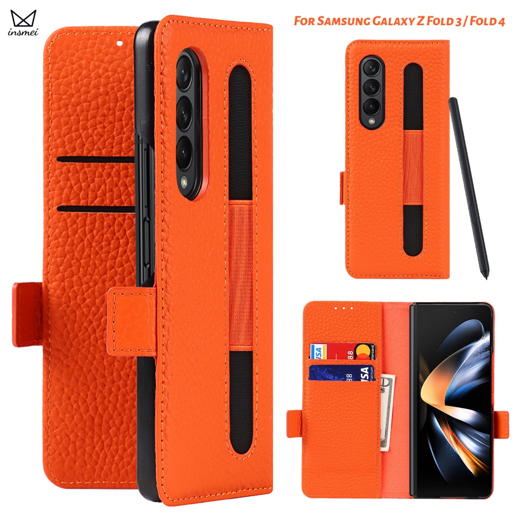 Insmei for Samsung Galaxy Z Fold 5 4 3 Lychee Pattern Leather Wallet Case with S-pen Pen Slot For Z Fold5 Fold4 Fold3 Natural Leather Cover Case Simple Luxury , Orange