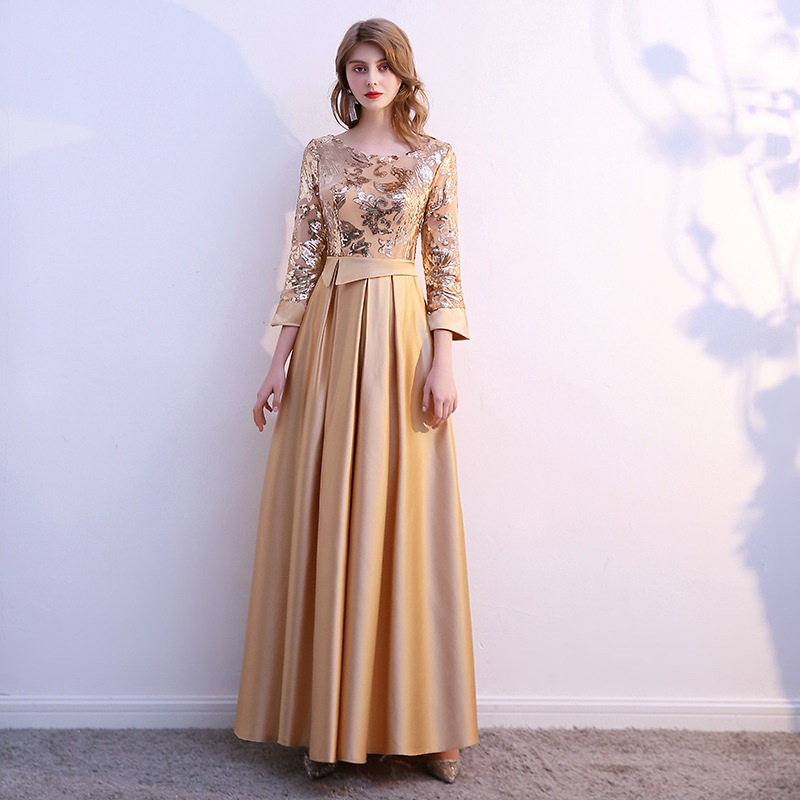 Long Sleeve Golden Sequin Banquet Evening Dress Elegant Round Neck ...