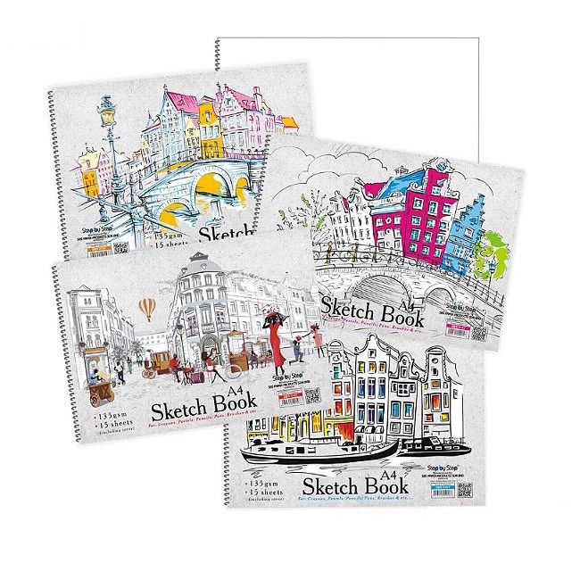 STEP BY STEP A4 SKETCH BOOK 15 SHEETS INCLUDING COVER 135GSM SIDE OPEN SBS 0157 KERTAS