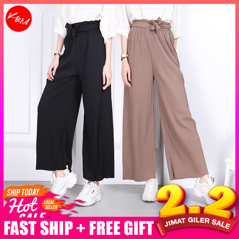 KM Women Windflow Culottes Wide Leg Elastic Waist Ready Stock Ribbon ...