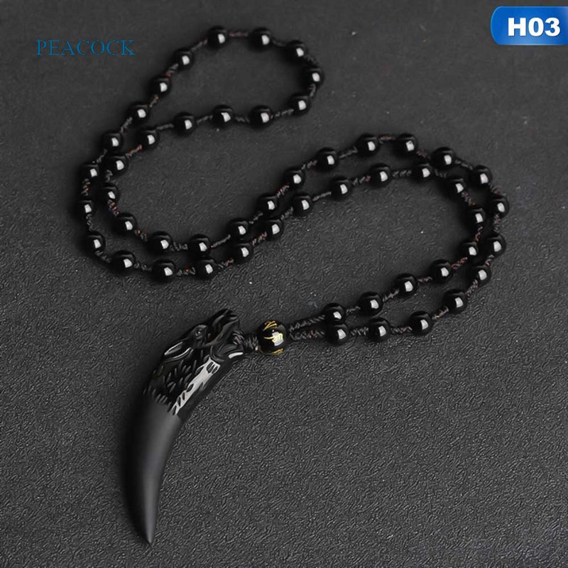 PEA Black Stone And Ice Obsidian Tooth Pendant Necklace Wolf Amulets And Talismans Couple Necklace For Men And Women