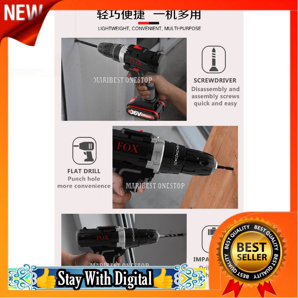 🌹[Local Seller]  Fox FX-36V Cordless Impact Driver Drill Double Speed Adjustment with 2Pcs 36V L