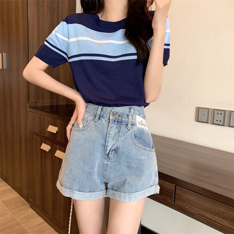 Stripes Casual Round Neck Women Top Knitted Short Sleeve T-Shirt  条纹百搭圆领上衣女针织短袖T恤