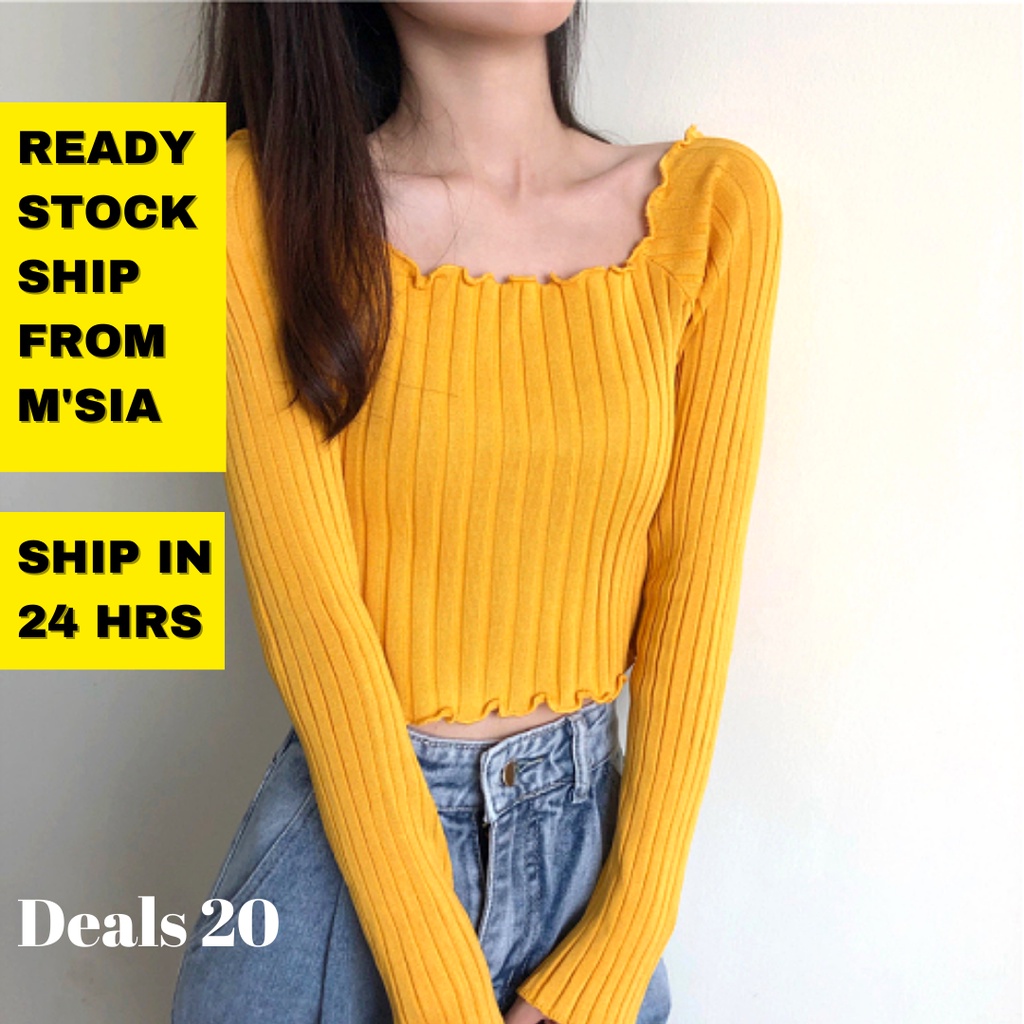 SHIP IN 23 HOUR [DEALS20] READY STOCK Tops Women Long Sleeve Knitted Crop  Top Off Shoulder Korean Shirt | Shopee Malaysia