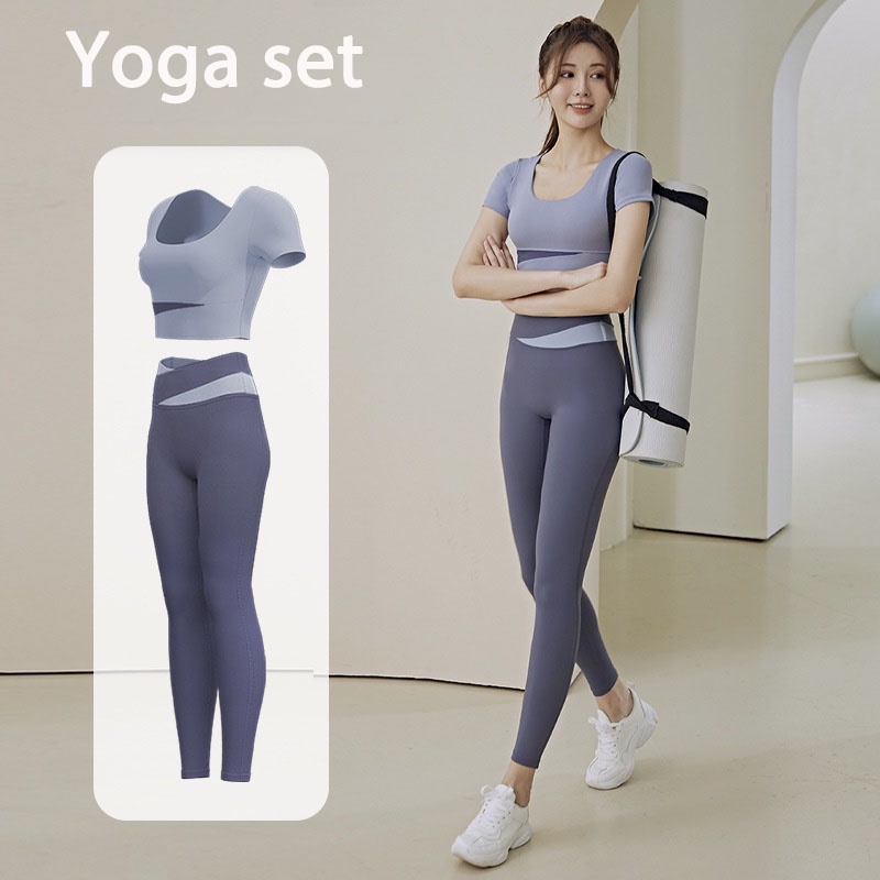 Flyblue Stitching Contrast Color Yoga Suit Women's Spring Summer Navel-Exposed Short-Sleeved High Waist Hip-Lifting Running Sports Fitness
