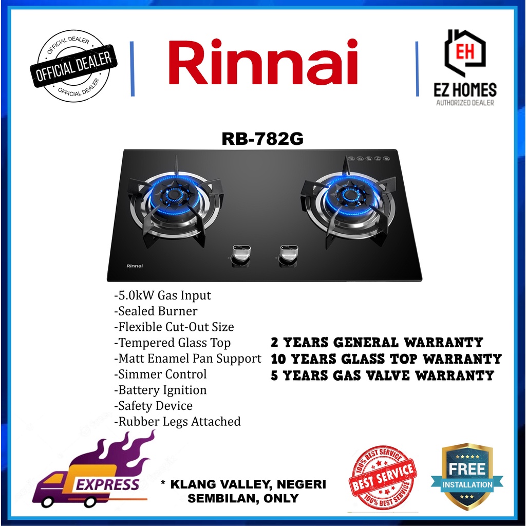 Rinnai 4.5kW RB782G 2 Burner Builtin Gas Tempered Glass Stove With Safety Device RB782G