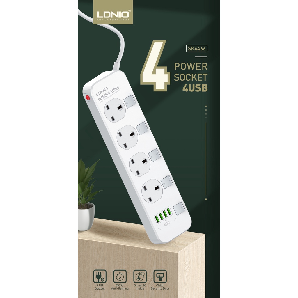 LDNIO SK4466 2500W 4 POWER SOCKET AUTOID 4 USB Ports + 4 Universal