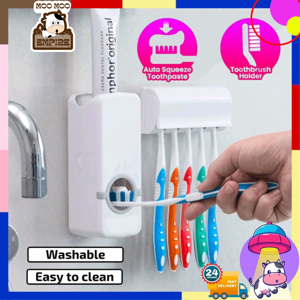 〖 〗FREE 5 Toothbrush Slot Holder Toothpaste Shaver Dispenser Squeezer Wall Mount Bekas Letak Ubat Gigi 挤牙膏器