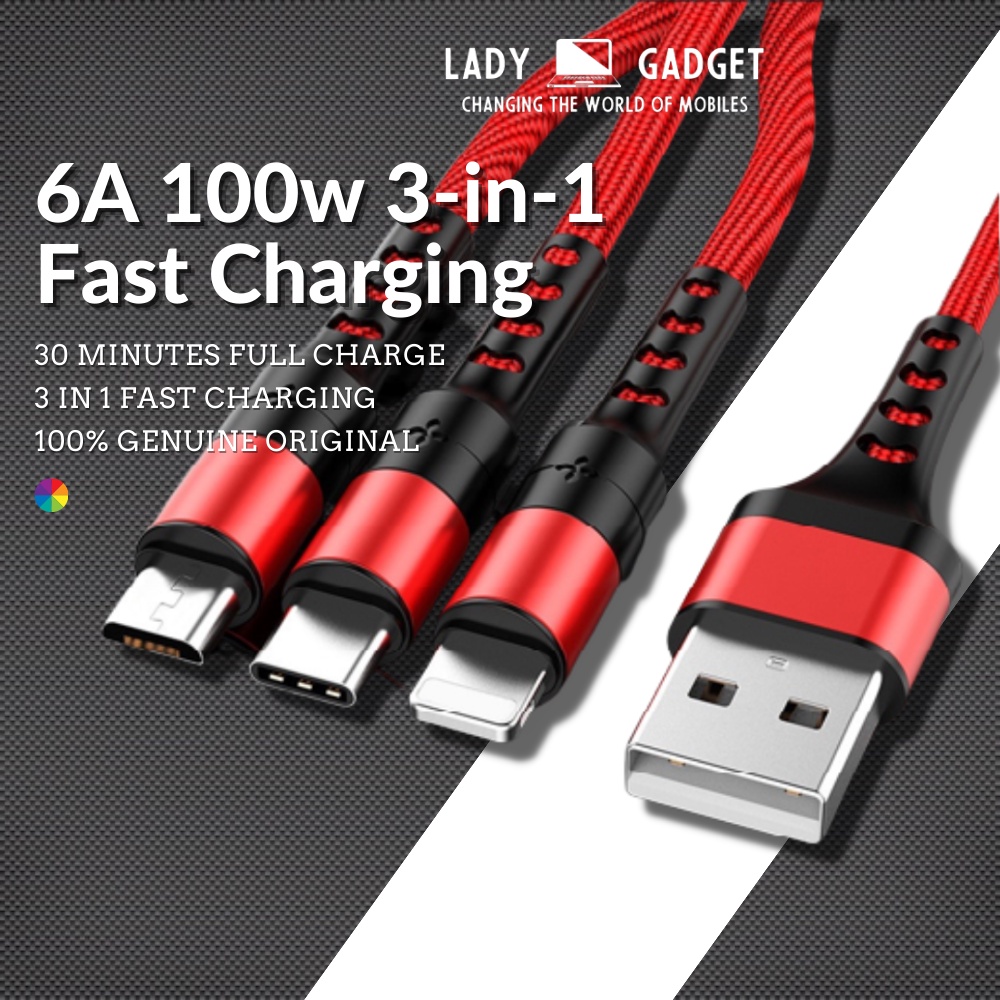 New 6A Fast Charger Cable 3 in 1 Charger Cable Micro Usb / TypeC / for