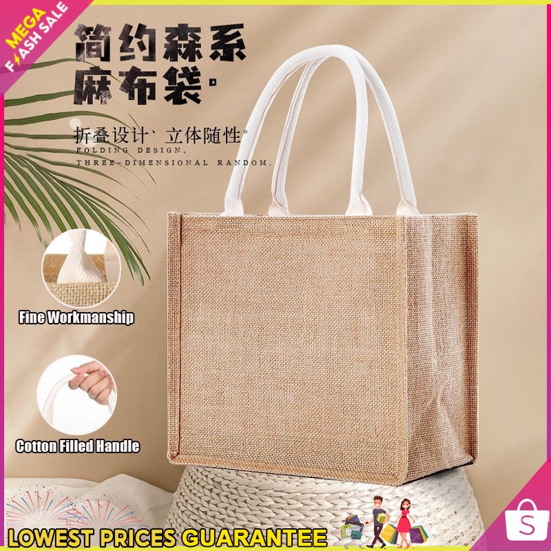 Ready StockReusable Burlap Tote Women Jute Shopping Grocery Bag with Handle Storage Organizer Handbag 麻布袋