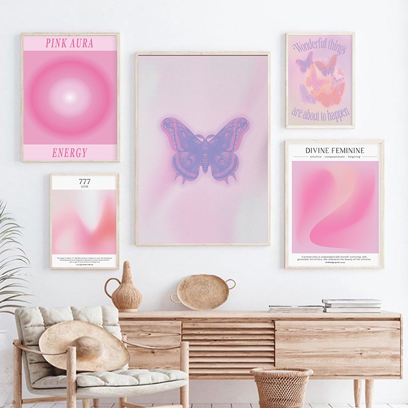 Aura Gradient Pink Poster Spiritual Angel Wall Art Purple Butterfly Canvas Painting Print Aesthetics Home Decor