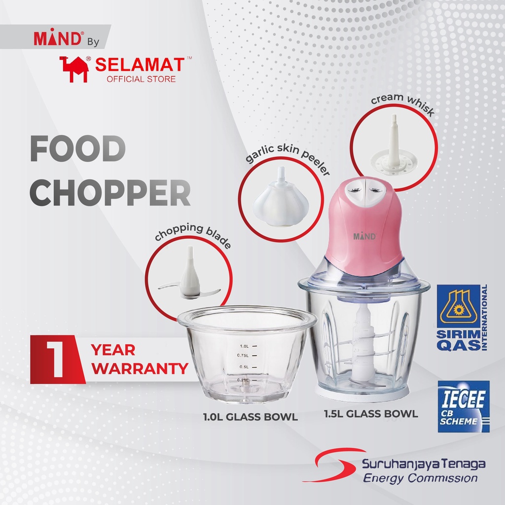 Mind 1.5L Dual Bowl Food Chopper (Glass Bowl)- Pink Edition- Food Processor/Kilang/Direct factory/Bulk purchases