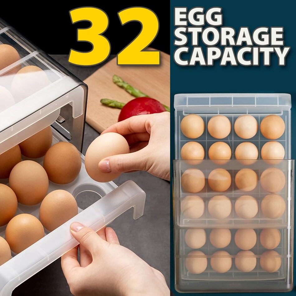 [[ FREE GIFT  DOUBLE LAYER 32 Eggs Kitchen Refrigerator Egg Drawer / Rak Penyimpanan Telur Dua Lapis