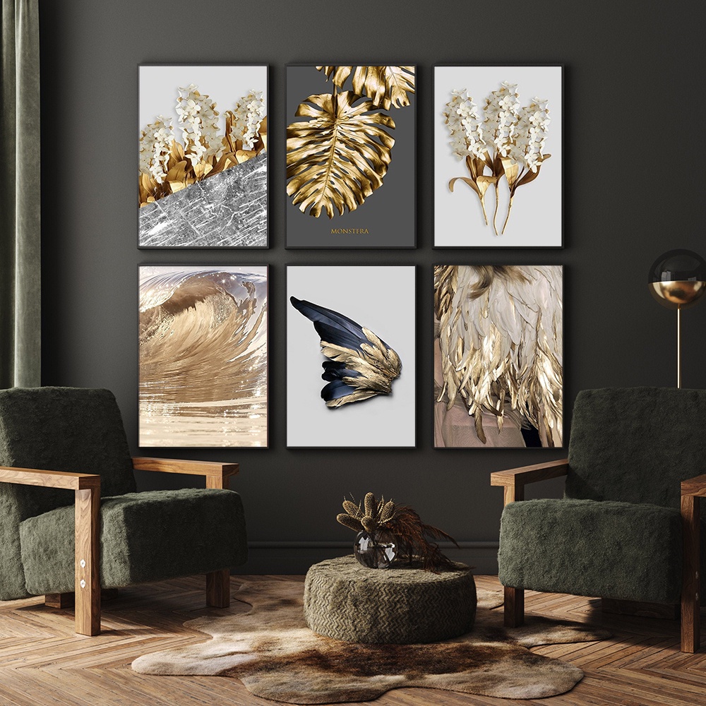 Gold Abstract Wall Art Metal Monstera Feather Poster Luxury Flower Prints Modern Canvas Painting Plant Picture Living Room Decor