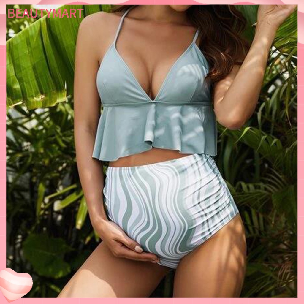 [beautymart] Push Up Spaghetti Strap Padded Maternity Tankini Women Ruffle Hem Bra High Waist Bottoms Pregnancy Swimwear for Swimming Pool