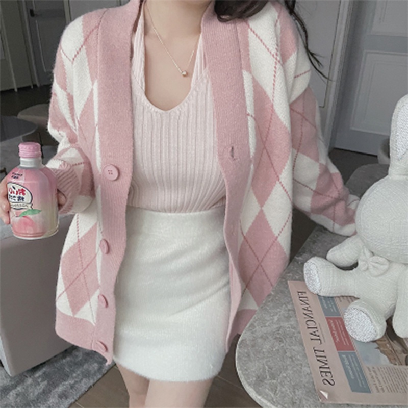 【Ready Stock】Korean Sweet Knitted Cardigan Loose Casual Longsleeve Sweater Women Knitwear Autumn Women Clothes