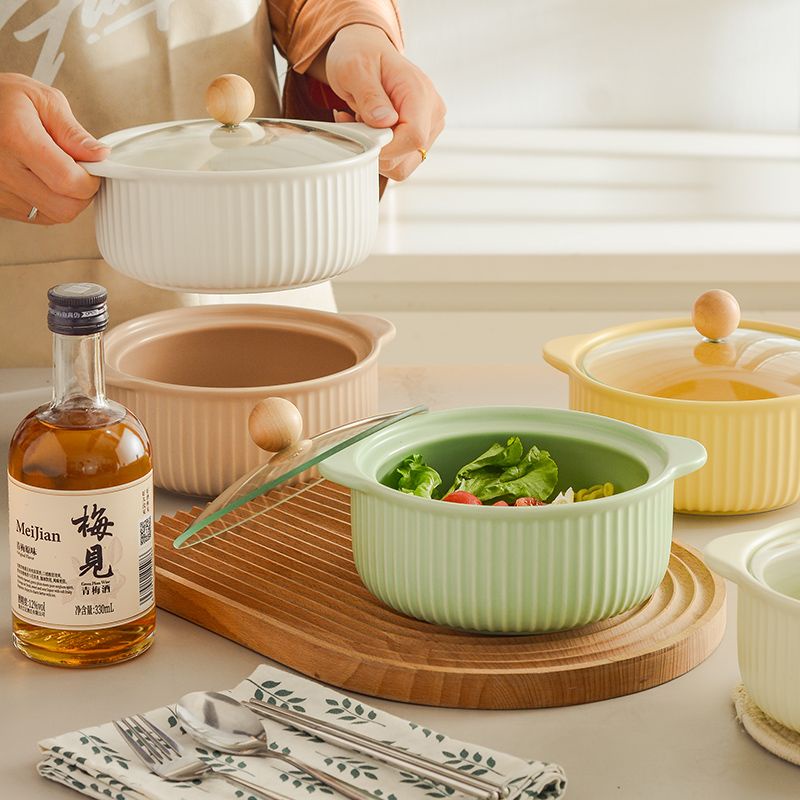 mangkuk lauk bertutup Binaural noodle bowl soup bowl anti-scalding thickened ceramic soup bowl Korean-style salad bowl with lid instant noodle bowl household personalized plate 带盖汤碗 简约泡面碗