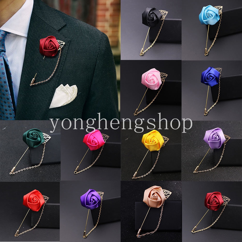 Fashion Golden Leaf Rose Flower Brooch Men Suit Lapel Chain Pin Bride Bridesmaid Wedding Boutonniere Banquet Brooches Jewelry Clothes Accessory