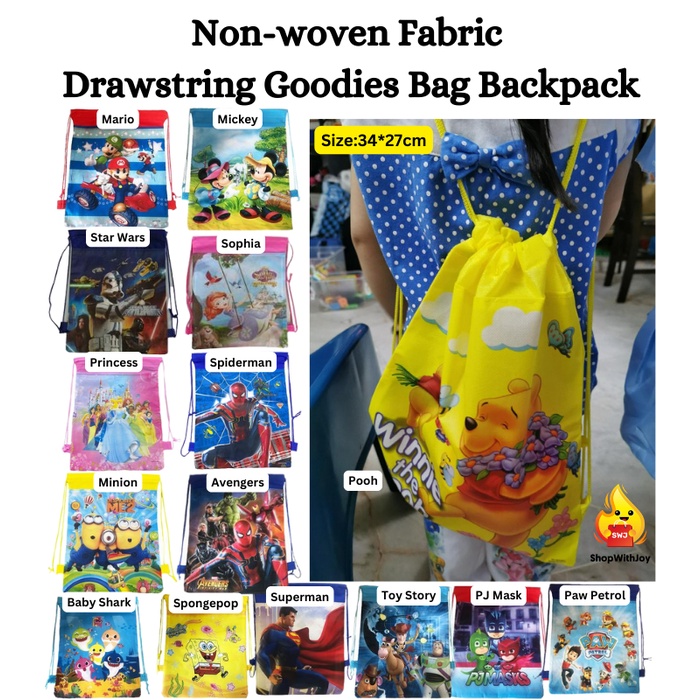 【ShopWithJoy】Non-woven Fabric Drawstring Backpack Kids Birthday Loot Goodies Bag Birthday Gift Drawstring Bag Party Bag