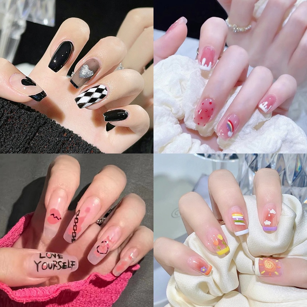 SZ 24 pcs Fake Nails Set With Glue Matte Nail Sticker Long Nails French