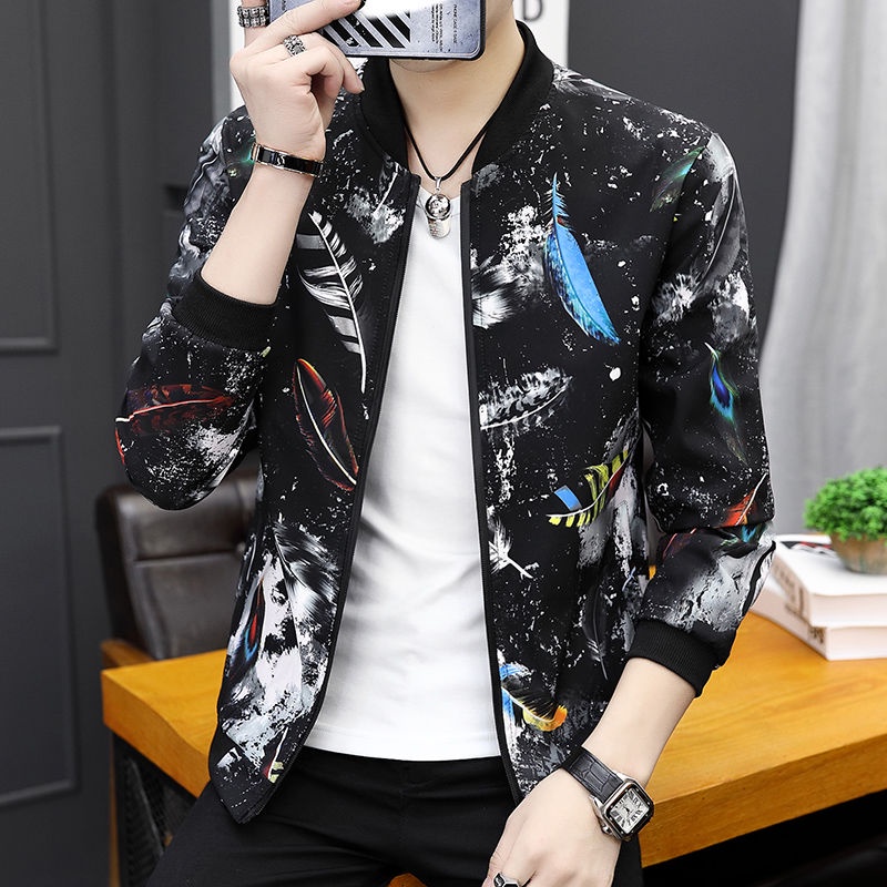 Men's Slim Korean Floral Baseball Jacket, Thin Flower Print, Student Trend, Size M/L/XL/XXL/XXXL