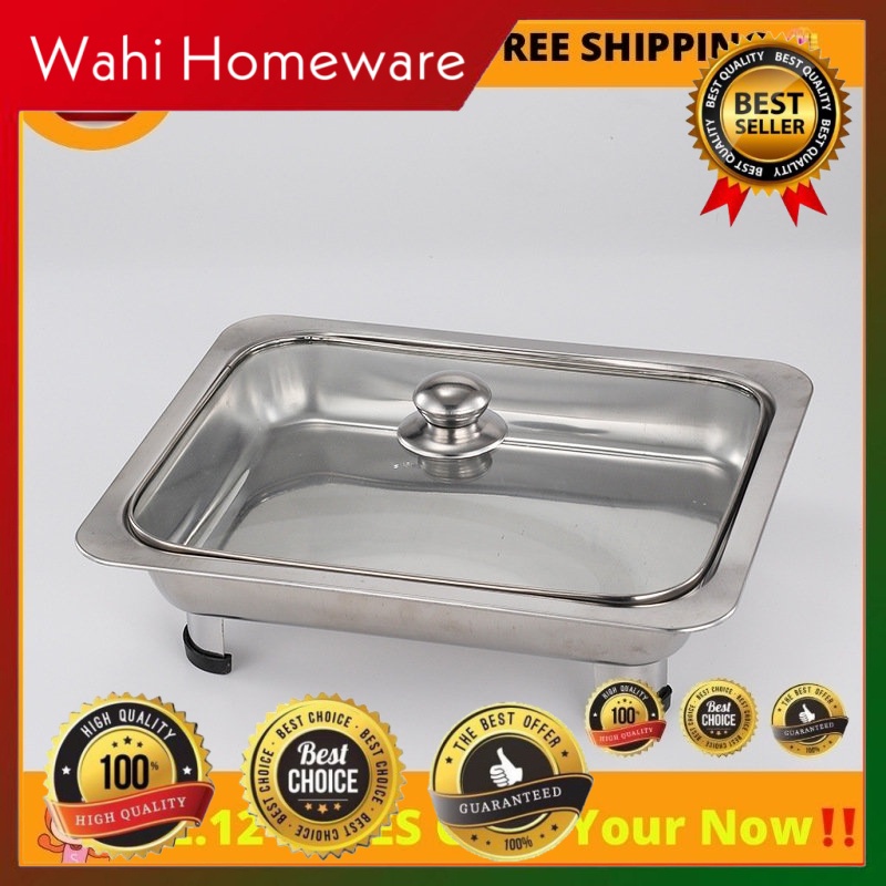 [Wahi Homeware] 40x30 Buffet Empat Segi Full Glass Lids Stainless Steel Serving Tray Food Warmer Bekas Lauk Katering