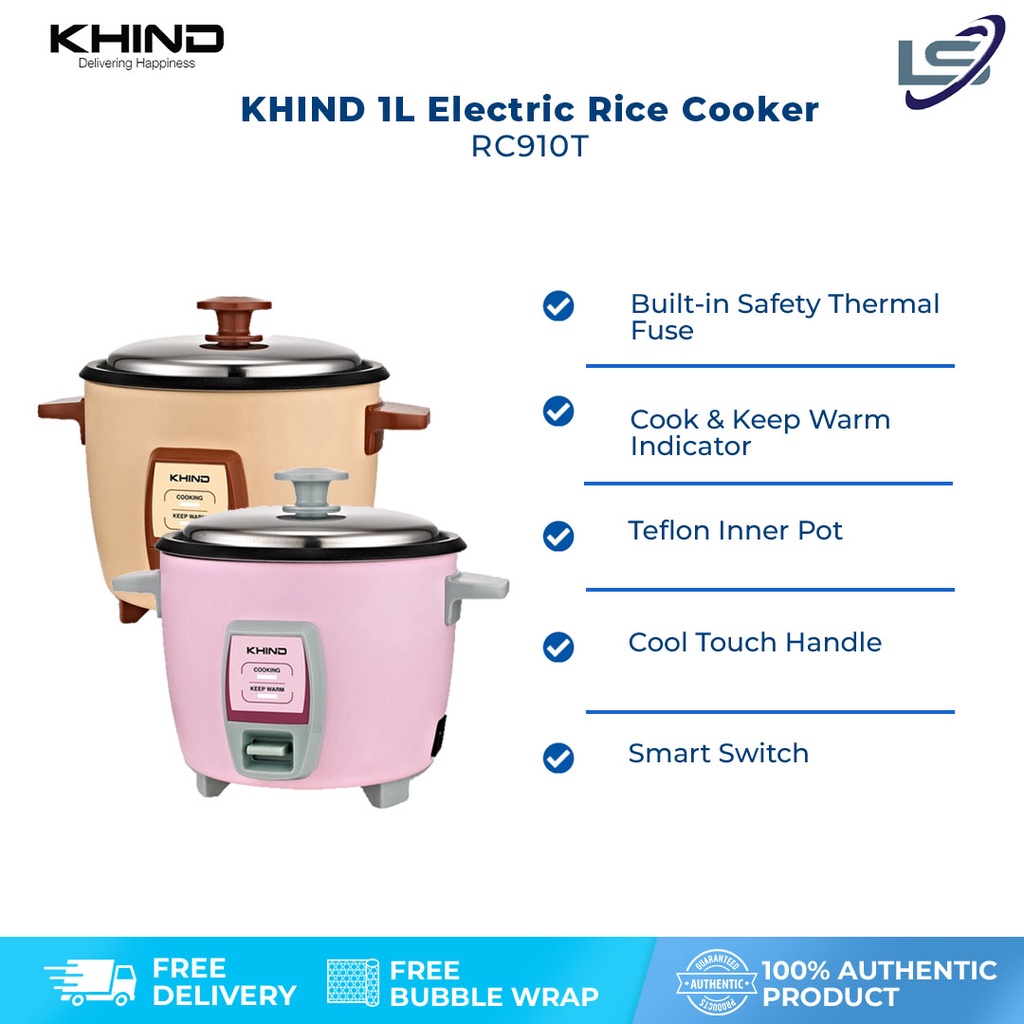 KHIND 1L Electric Rice Cooker RC910T | FREE Steam Tray | Built-in Safety Thermal Fuse | Teflon Inner Pot