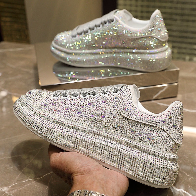 Rhinestone Women Thick Bottom Sneaker Women's Shoes Trend 2022 Designer Fashion Casual Silver Chunky Mirror Luxury Autumn Spring