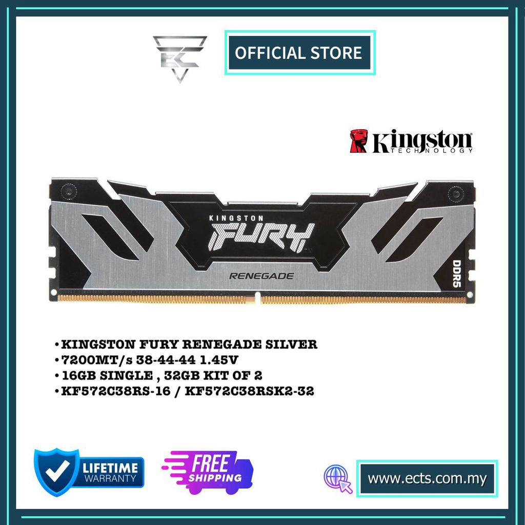 KINGSTON FURY RENEGADE 7200MT/s DDR5 16GB/32GB(KIT OF 2) CL38 SILVER