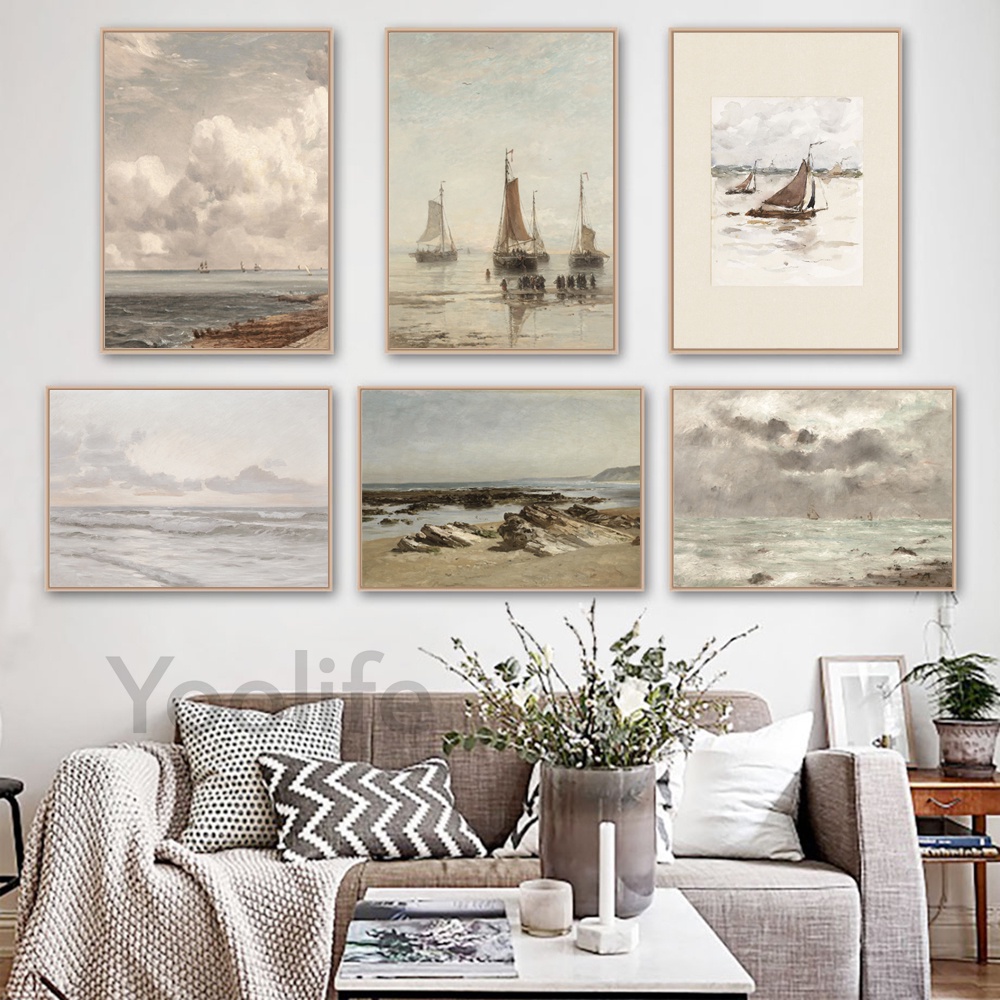 Muted Seascape Canvas Oil Painting Farmhouse Wall Pictures Vintage Moody Neutral Coastal Beach Art Prints Living Room Decor