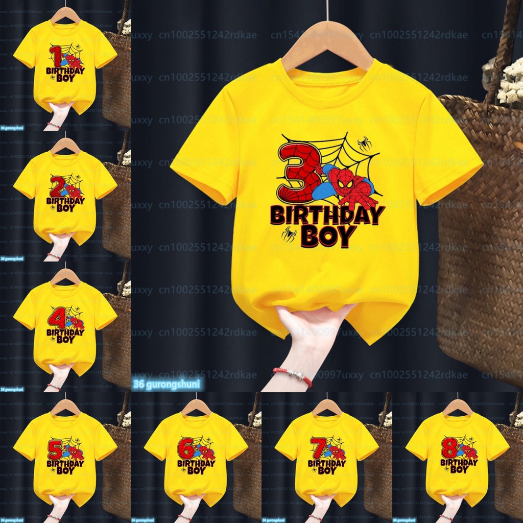 Yellow Tshirt Your Name Custom Funny Marvel Theme Spiderman Number 1-10 T-Shirt Happy Birthday Boy Gift Baby Tshirt Kids Clothes Short Sleeve Tees Tops