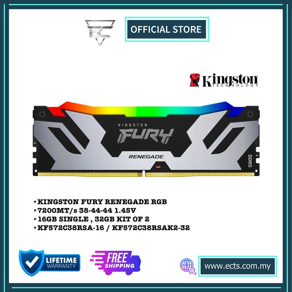 KINGSTON FURY RENEGADE RGB 7200MT/s DDR5 16GB/32GB(KIT OF 2) CL38 XMP