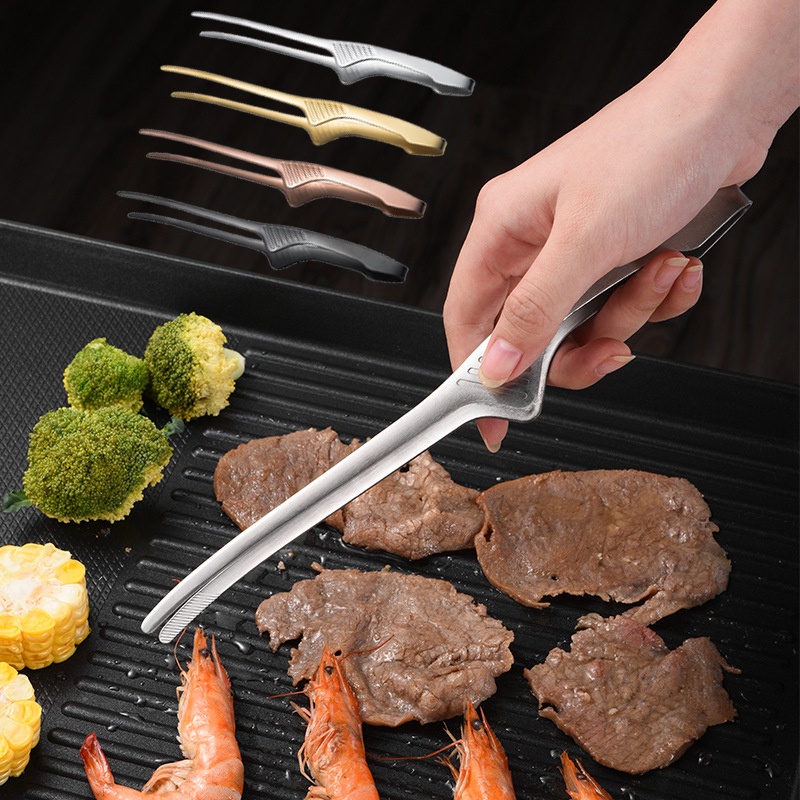 Kitchen Gadgets Food Overturn Clips Barbecue Accessories Multi-purpose Food Clips Stainless Steel BBQ Tongs Korean Anti-slip Metal Self-standing Barbecue Clips Outdoor Grilling