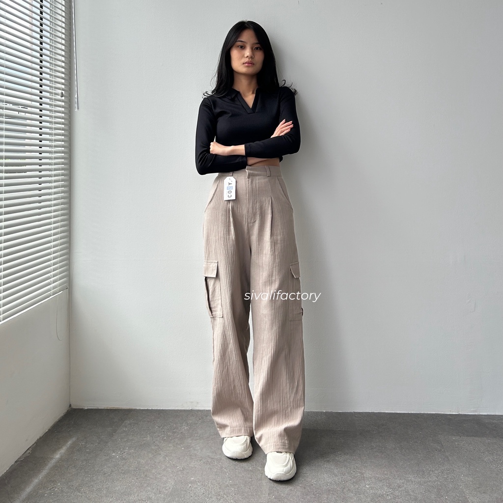 SIVALI Willow Cargo Pants - Petite Linen Crinkle Highwaist Cargo Pants - Baggy Cullote Pants | 838