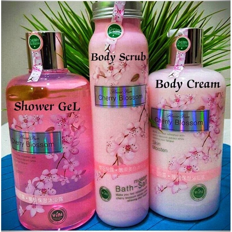 CHERRY BLOSSOM SET MANDIAN BODY WHITENING WITH 3 ITEMS,,BATH SALT(SCRUB)400g,BODY BATH & BODY LOTION 500ML